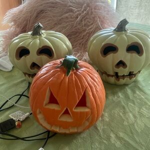 Three Light Up Halloween Fall Decor Lanterns Two Skeletons One Pumpkin